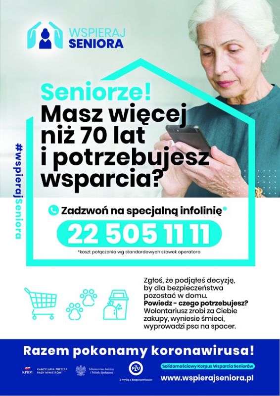 Seniorze. Masz więcej niż 70 lat i potrzebujesz wsparcia zadzwoń na infolinię 22 505 11 11.