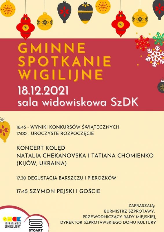 Plakat gminne spotkanie wigilijne zaproszenie do domu kultury 18 grudnia 2021 roku o godzinie 16.45